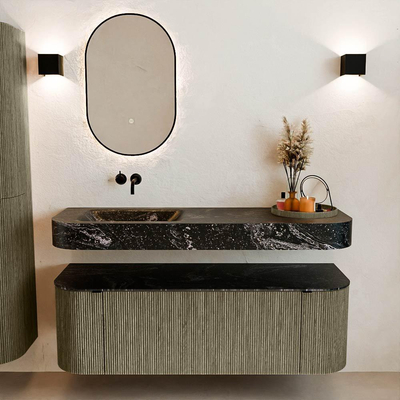 MONDIAZ THOR-DLUX 140cm meuble de salle de bains arrondi gauche + droite couleur Shadow avec 1 tiroir et 2 portes. Vasque suspendue CLOUD Gauche sans trou de robinet couleur Lava.