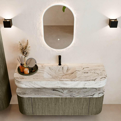 MONDIAZ THOR-DLUX 140cm meuble de salle de bains arrondi gauche + droite couleur Shadow avec 1 tiroir et 2 portes. Vasque suspendue CLOUD Milieu 1 trou de robinet couleur Glace.