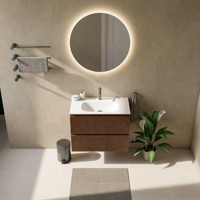 Saniclass Holz Atelier Ensemble meuble de salle de bains - 80x45x61.5cm - Flow lavabo en solid surface blanc - 1 vasque - 1 trou de robinetterie - 2 tiroirs - walnut pure mat (bois)