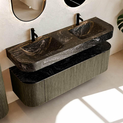 MONDIAZ THOR-DLUX 150cm meuble de salle de bains arrondi gauche + droite couleur Shadow avec 1 tiroir et 2 portes. Vasque suspendue CLOUD Double 2 trous de robinet couleur Lava.