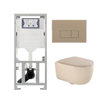 QeramiQ Dely Swirl Pack WC suspendu - 36.3x51.7cm - bâti-support Geberit UP320 - abattant 35mm - plaque de commande taupe - boutons rectangulaires - beige