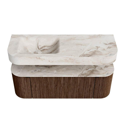 MONDIAZ THOR-DLUX Meuble de salle de bains 130cm arrondi gauche + droite couleur Walnut avec 1 tiroir et 2 portes. Vasque suspendue CLOUD Gauche 1 trou de robinet couleur Frappe.