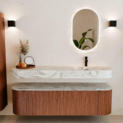 MONDIAZ THOR-DLUX Meuble de salle de bains 160cm arrondi gauche + droite couleur Ruby avec 1 tiroir et 2 portes. Vasque suspendue CLOUD Droite 1 trou de robinet couleur Glace.