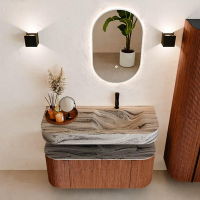 MONDIAZ THOR-DLUX Meuble de salle de bains 110cm arrondi gauche + droite couleur Ruby avec 1 tiroir et 2 portes. Vasque suspendue CLOUD Droite 1 trou de robinet couleur Sombra.