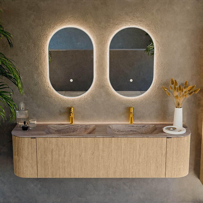 MONDIAZ KURVE-DLUX meuble de salle de bains 170cm arrondi gauche + droite couleur Oak avec 1 tiroir et 2 portes. Plan-vasque LEAF double 2 trous de robinet Oza.