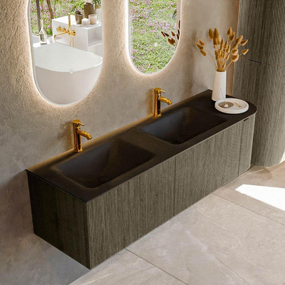 Mondiaz KURVE Ensemble de meubles de salle de bains - 155x46x40cm - 2 tiroirs - 1 porte - lavabo solid surface - double / gauche - 2 trous de robinet - Shadow