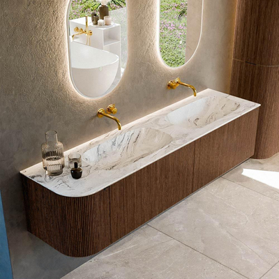 MONDIAZ KURVE-DLUX 175cm Meuble salle de bain avec module 25 G - couleur Walnut - 2 tiroirs - 1 porte - vasque STOR SMALL double / droite - sans trou de robinet - couleur Glace
