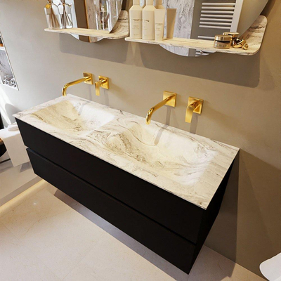 Mondiaz VICA-DLUX ensemble de meuble de salle de bain - 130cm - meuble sous-vasque urban - 2 tiroirs - lavabo encastré cloud double - sans trous de robinet - version haute de 60cm - glace