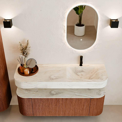 MONDIAZ THOR-DLUX 140cm meuble de salle de bains arrondi gauche + droite couleur Ruby avec 1 tiroir et 2 portes. Vasque suspendue CLOUD Droite 1 trou de robinet couleur Ostra.