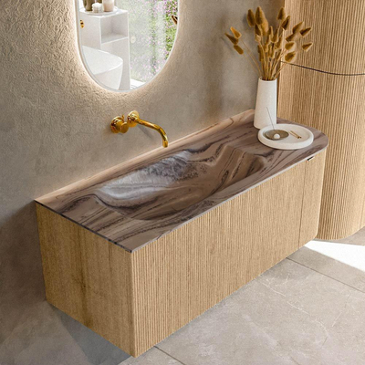 MONDIAZ KURVE-DLUX 115cm badmeubel ronding Rechts kleur Oak met 1 lade en 1 deur. Wastafel BIG SMALL Links zonder kraangat Sombra.