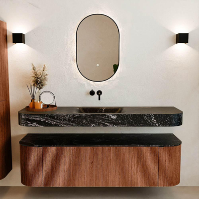 MONDIAZ THOR-DLUX 160cm meuble de salle de bains arrondi gauche + droite couleur Ruby avec 1 tiroir et 2 portes. Vasque suspendue CLOUD Centre sans trou de robinet couleur Lava.