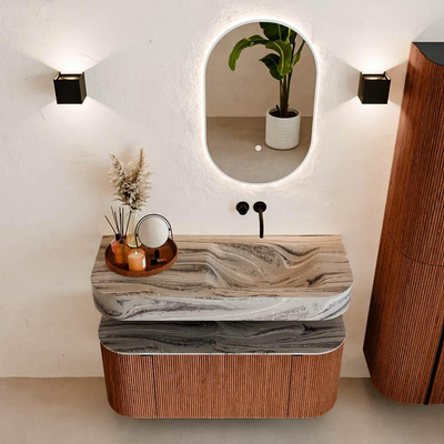 MONDIAZ THOR-DLUX Meuble de salle de bains - 110cm - arrondi gauche + droite - couleur Ruby - 1 tiroir - 2 portes - Vasque suspendue CLOUD droite sans trou de robinet - couleur Sombra