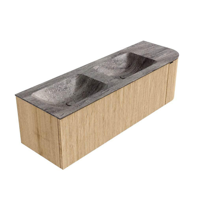 MONDIAZ KURVE-DLUX meuble de salle de bains 145cm arrondi à droite couleur chêne avec 1 tiroir et 1 porte. Lavabo LEAF double / gauche 2 trous de robinet Oza.