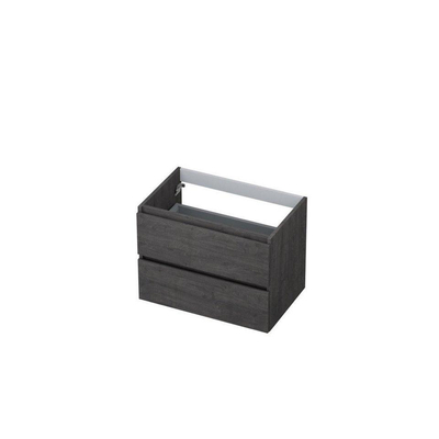 INK Momento wastafel - 140x45x9cm - 2 wasbakken - 2 kraangaten - Quartz zwart met 2x Wastafelonderkast - 70x45x52cm - 2 lades - greeploos - met houten keerlijst - MFC - oergrijs + 2x clickplug quartz zwart SHOWROOMMODEL