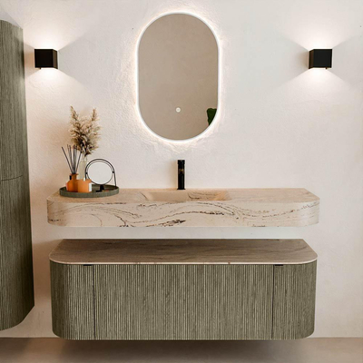 MONDIAZ THOR-DLUX 140cm meuble de salle de bains arrondi gauche + droite couleur Shadow avec 1 tiroir et 2 portes. Vasque suspendue CLOUD Milieu 1 trou de robinet couleur Arena.