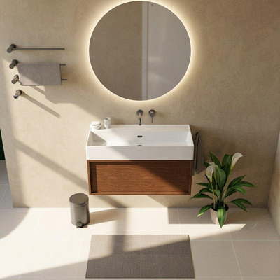 Saniclass Holz Frame Ensemble meuble de salle de bains - 100x45x52cm - Legend lavabo en céramique blanc - 1 vasque - sans trou de robinetterie - 1 tiroir - walnut pure mat (bois)