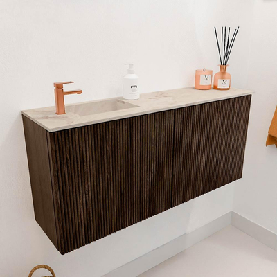 Mondiaz JOYA-DLUX 90cm toiletmeubel - kleur Walnut - Wastafel FAYE positie Links 1 kraangat kleur Frappe.