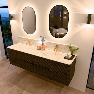 Mondiaz CIRO-DLUX Badkamermeubelset - 180x45x50cm - Solid surface wastafel Ostra - 2 wasbak Dubbel - 2 kraangaten - 4 lades - Shadow