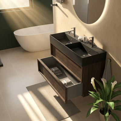 Saniclass Holz Frame Ensemble meuble de salle de bains - 120x45x72cm - vasque Legend en céramique noire - 2 vasques - 2 trous de robinetterie - 2 tiroirs - chêne charcoal mat (bois)