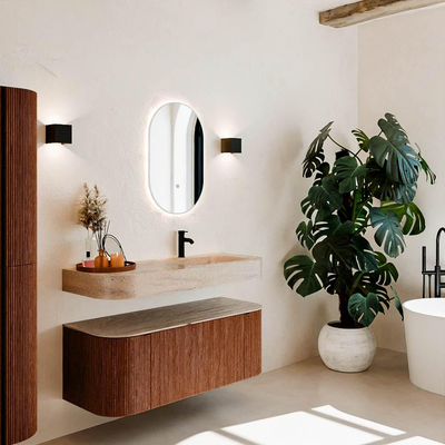 MONDIAZ THOR-DLUX 120cm meuble de salle de bains arrondi gauche + droite couleur Ruby avec 1 tiroir et 2 portes. Vasque suspendue CLOUD Droite 1 trou de robinet couleur Saba.