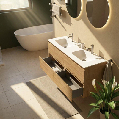 Saniclass Holz Pure Ensemble meuble de salle de bains - 140x45x61.5cm - lavabo Flow en solid surface blanc - 2 vasques - 2 trous de robinetterie - 4 tiroirs - chêne natural mat (bois)