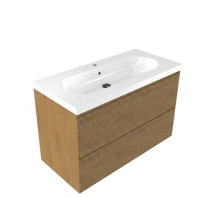 Saniclass Holz Atelier Ensemble de meubles de salle de bains - 100x45x63.5cm - lavabo en céramique Palermo blanc - 1 vasque - 1 trou de robinetterie - 2 tiroirs - chêne natural mat (bois)