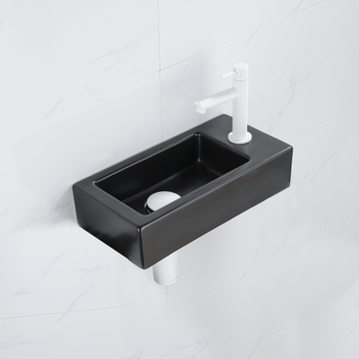 QeramiQ Fuente pack lave-mains – 37,5 x 18,5 x 9 cm – céramique noir mat – perçage à droite – robinet blanc mat