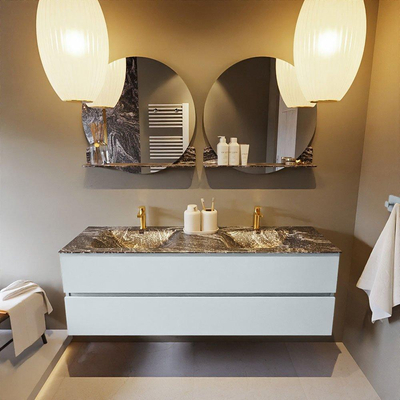 Mondiaz VICA-DLUX ensemble de meuble de salle de bain - 150cm - meuble sous-vasque argile - 2 tiroirs - lavabo encastré nuage double - 2 trous de robinet - version haute de 60cm - lave