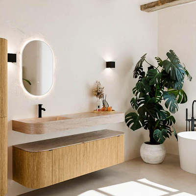 MONDIAZ THOR-DLUX 160cm meuble de salle de bains arrondi gauche + droite couleur Oak avec 1 tiroir et 2 portes. Vasque suspendue CLOUD Gauche 1 trou de robinet couleur Saba.