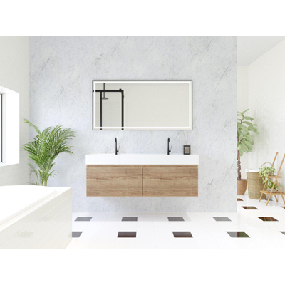 HR badmeubelen Matrix 3D Ensemble de meubles de salle de bains 140cm 2 tiroirs sans poignées avec barre de prise en couleur French oak avec lavabo Kube 2 trous de robinet blanc