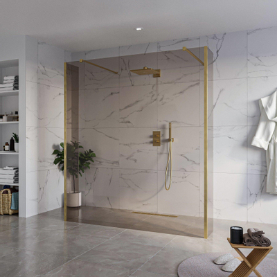 Fortifura Galeria Vrijstaande Inloopdouche - 180x200cm - Rookglas - antikalk - 8mm veiligheidsglas - 2 zijwanden - 40cm - wandsteunen en hoekprofielen - PVD - geborsteld messing (goud)