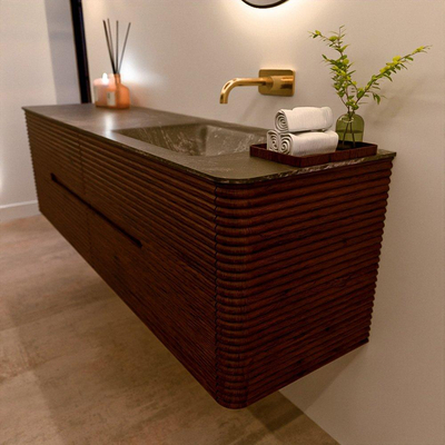 Mondiaz CIRO-DLUX Ensemble meuble de salle de bains - 170x45x50cm - lavabo solid surface Lava - 1 vasque à droite - sans trous de robinet - 4 tiroirs - Ruby