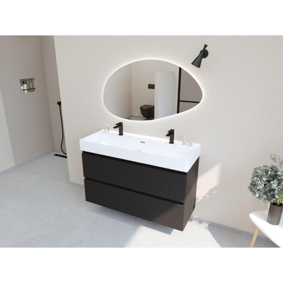 HR badmeubelen Infinity XXL 3D Ensemble meuble de salle de bains - 120 cm - 1 lavabo en céramique kube blanc - 2 trous de robinet - 2 tiroirs - noir mat