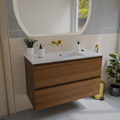 Saniclass Holz Atelier Meuble de salle de bain - 100x45x60cm - lavabo en céramique blanc - 1 vasque - sans trous de robinet - 2 tiroirs - Walnut pure