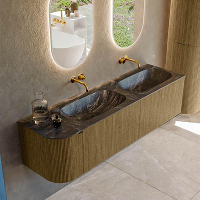 Mondiaz KURVE-DLUX Ensemble meuble de salle de bains - 165x46x40cm - 2 tiroirs - 1 porte - lavabo solid surface - double / droite - sans trou de robinet - Dusk