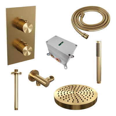 BRAUER Stripe Thermostatische Inbouw Regendouche - 3-weg - rechthoekig - SET 15 - 25cm douchekop - plafondarm - staaf handdouche - doucheslang - wandaansluitbocht - goud geborsteld PVD