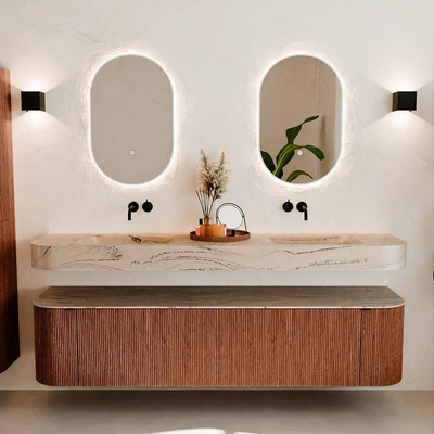 MONDIAZ THOR-DLUX Meuble de salle de bains 190cm arrondi gauche + droite couleur Ruby avec 2 tiroirs et 2 portes. Vasque suspendue CLOUD Double sans trou de robinet couleur Arena.