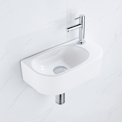 QeramiQ Fuente fonteinset – halfrond – 40x21.5x12 cm – keramiek wit glans – kraangat rechts – chromen kraan