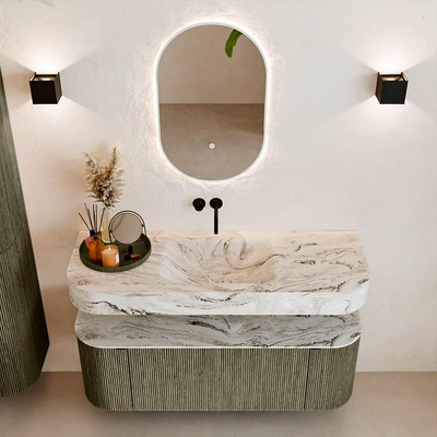 MONDIAZ THOR-DLUX 130cm meuble de salle de bains arrondi gauche + droite couleur Shadow avec 1 tiroir et 2 portes. Vasque suspendue CLOUD Milieu sans trou de robinet couleur Glace.