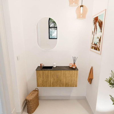 Mondiaz JOYA-DLUX 90cm toiletmeubel - kleur Oak - Wastafel FAYE positie Links 1 kraangat kleur Lava.