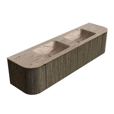 MONDIAZ KURVE-DLUX Meuble de salle de bains 180cm arrondi Gauche + Droite couleur Shadow avec 2 tiroirs et 2 portes. Lavabo LEAF Double 2 trous de robinet Arena.