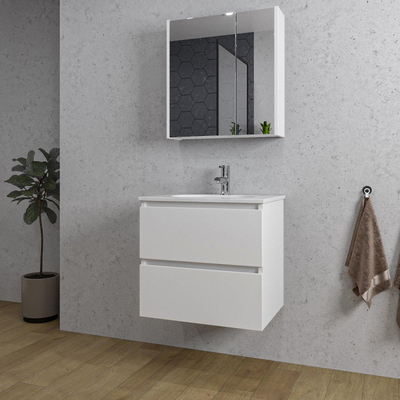 Saniclass Chaci Meuble de salle de bain - 60x46x55cm - lavabo en céramique blanc - 1 vasque ovale - 1 trou de robinet - 2 tiroirs - armoire miroir - blanc mat