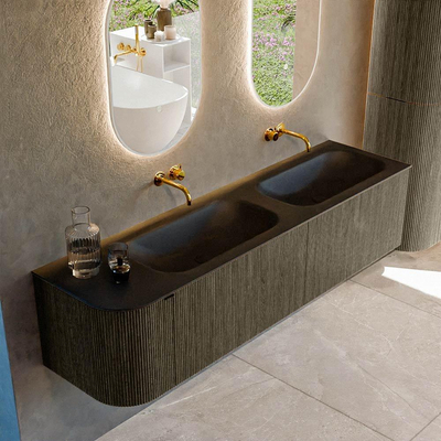Mondiaz KURVE Ensemble de meuble de salle de bains - 175x46x40cm - 2 tiroirs - 1 porte - vasque solid surface - double / droite - sans trou de robinet - Shadow