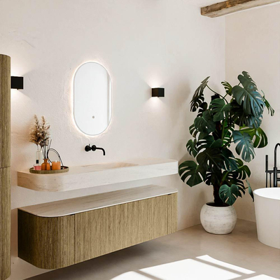 MONDIAZ THOR-DLUX 160cm meuble de salle de bains arrondi gauche + droite couleur Dusk avec 1 tiroir et 2 portes. Vasque suspendue CLOUD Centre sans trou de robinet couleur Meli.