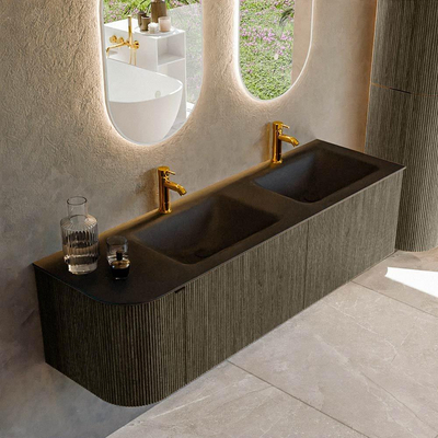 Mondiaz KURVE Ensemble de meuble salle de bain - 155x46x40cm - 2 tiroirs - 1 porte - lavabo en solid surface - double / droite - 2 trous de robinet - Shadow