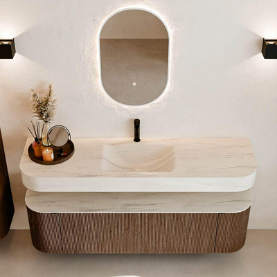 MONDIAZ THOR-DLUX 160cm badmeubel ronding links + rechts kleur Walnut met 1 lade en 2 deuren. Vrijhangende wastafel CLOUD Midden 1 kraangat kleur Meli.