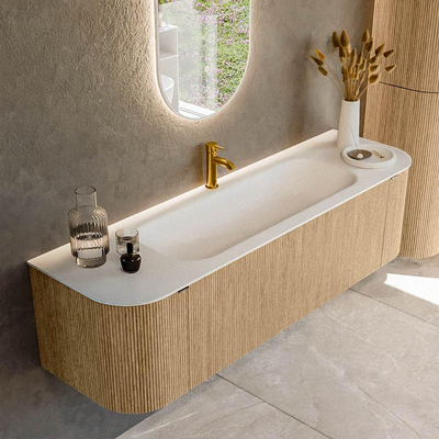 MONDIAZ KURVE 160cm badmeubel met module 25 Len R kleur Oak met 1 lade en 2 deuren. Wastafel BIG MEDIUM midden 1 kraangat Talc.