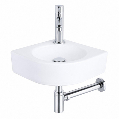 QeramiQ Fuente Pack Lave-mains d'angle - 30x30x10cm - 1 trou de robinet - céramique - robinet Chrome - Blanc brillant