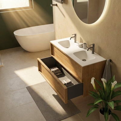 Saniclass Holz Frame Ensemble de meubles de salle de bains - 120x45x61.5cm - Flow lavabo en solid surface blanc - 2 vasques - 2 trous de robinet - 2 tiroirs - chêne natural mat (bois)