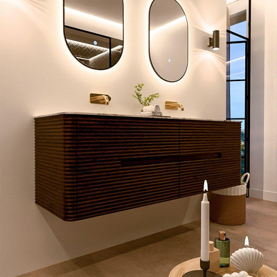 Mondiaz CIRO-DLUX Meuble de salle de bains - 150x45x50cm - Plan vasque solid surface Glace - 2 vasques double - sans trous de robinetterie - 4 tiroirs - Noyer